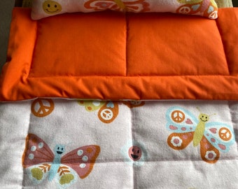 Butterflies Doll Bedding Set, Orange and Pink Flannel Doll Blanket & Doll Pillow