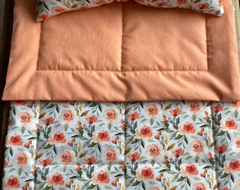 Orange and Peach Roses Doll Bedding Set,  Doll Blanket & Doll Pillow