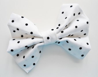 White Hair Bow, Hair Bow, White with Black Dots, Fabric Hair Bow, Girl Bow, Polka Dots Hair Bow, Black Dots Bow, Alligator Clip, 4.5" x 3.5"