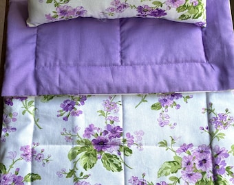 Lavender and Purple Flowers Doll Bedding Set, 2 Piece, Doll Blanket and Pillow