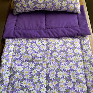 White Daisy Doll Bedding Set,  Purple Doll Blanket & Doll Pillow