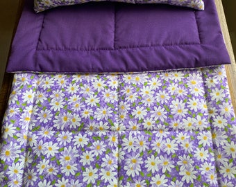 White Daisy Doll Bedding Set,  Purple Doll Blanket & Doll Pillow