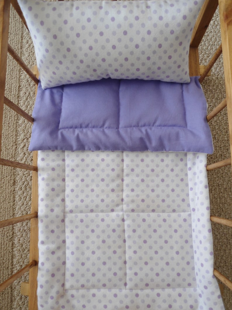 Flannel Doll Blanket /& Pillow Purple Doll Bedding Set Lavender Polka Dots