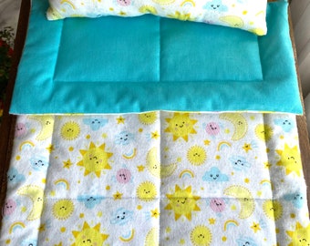 Sun Moon Stars Clouds Flannel Doll Bedding Set, Doll Blanket & Pillow