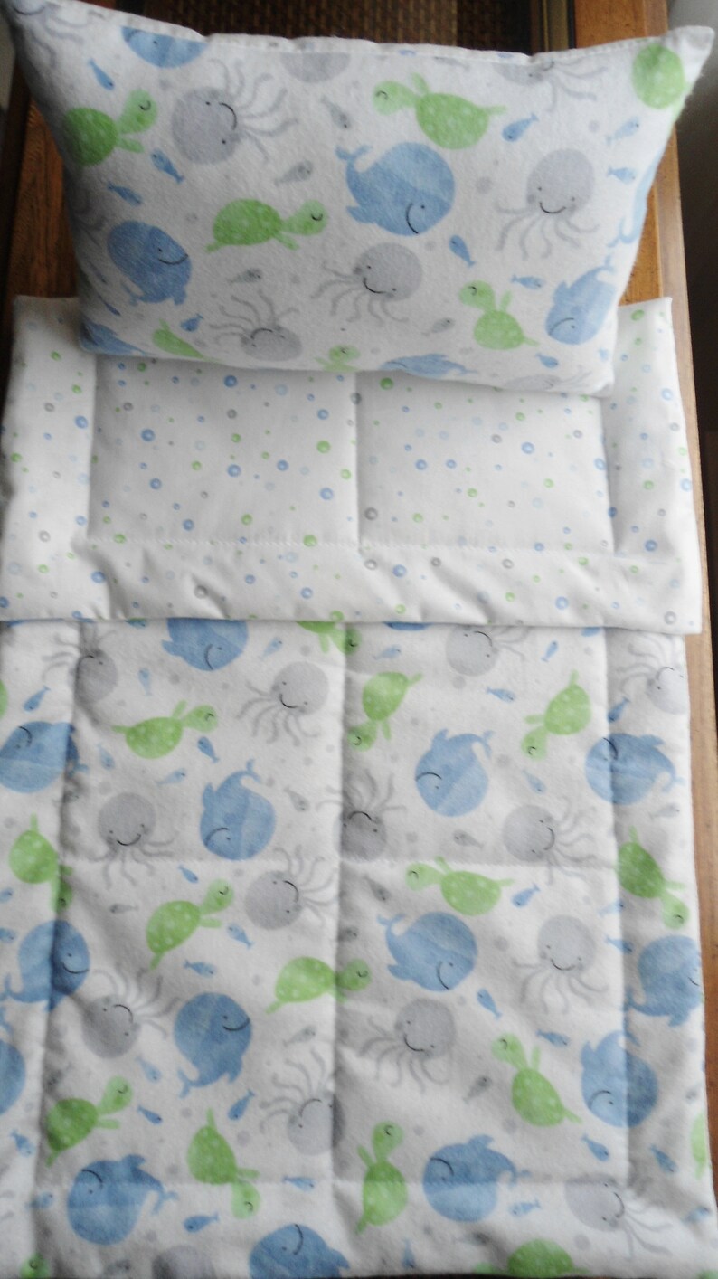 Flannel Doll Blanket /& Doll Pillow Set Fish Whales Octopus Turtles Doll Bedding