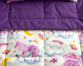 Unicorn Doll Bedding Set, Purple and Pink Flannel, Doll Blanket & Doll Pillow