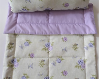 Lavender Butterflies and Flowers Doll Bedding Set, 2 Piece Doll Blanket and Pillow