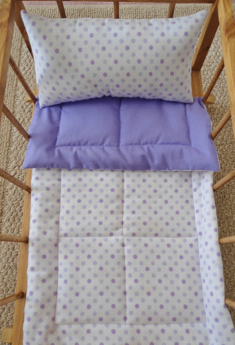 Flannel Doll Blanket /& Pillow Purple Doll Bedding Set Lavender Polka Dots