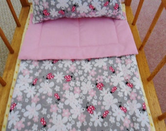 Ladybug Doll Bedding Set, Pink Flannel Ladybugs Baby Doll Set, Blanket and Pillow