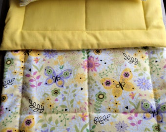 Butterflies and Flowers Doll Bedding, Yellow Doll Blanket and Pillow, Flannel