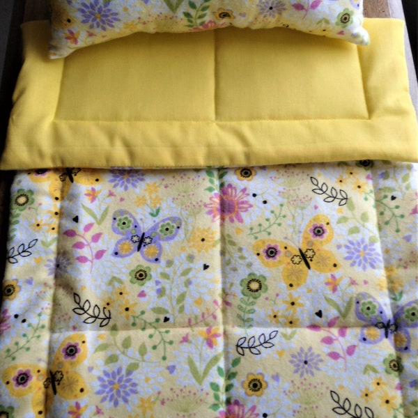 Butterflies and Flowers Doll Bedding, Yellow Doll Blanket and Pillow, Flannel