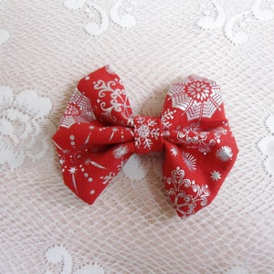 Handmade Christmas Hair Bow: Red Cotton with Silver Snowflakes