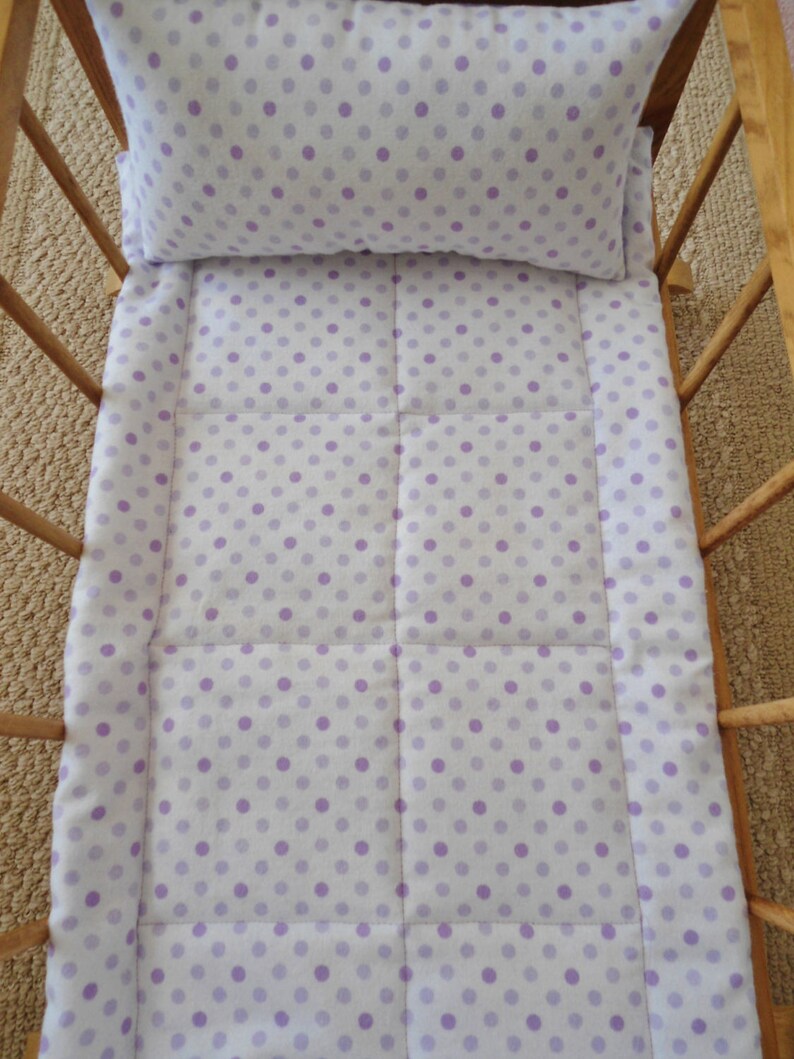 Flannel Doll Blanket /& Pillow Purple Doll Bedding Set Lavender Polka Dots