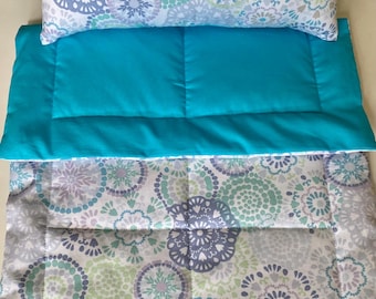 Handmade Doll Bedding Set: Blue & Green Circles Comforter and Pillow