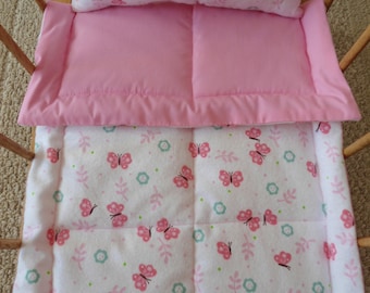 Pink Butterflies Doll Bedding Set, Flannel Doll Blanket & Pillow