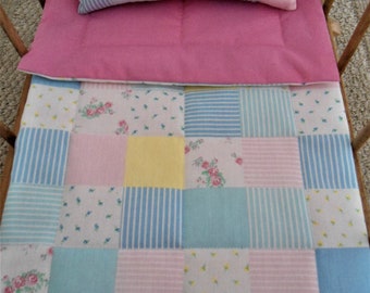 Pastel Patchwork Doll Bedding Set, Doll Blanket and Pillow