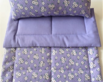 Lavender Flannel with White Flowers and Dots Doll Bedding Set, 2 Piece Doll Blanket and Pillow
