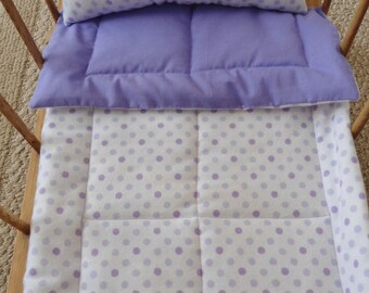 Purple Doll Bedding Set, Lavender Polka Dots,  Flannel Doll Blanket & Pillow
