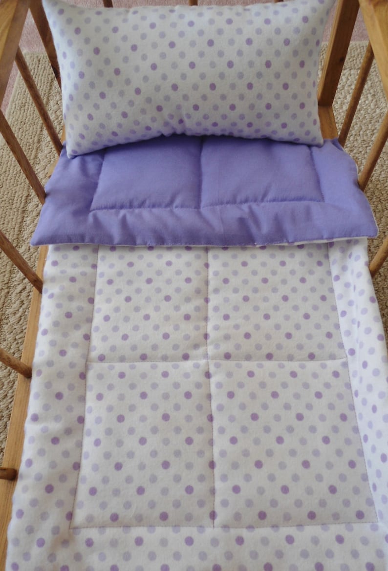 Flannel Doll Blanket /& Pillow Purple Doll Bedding Set Lavender Polka Dots