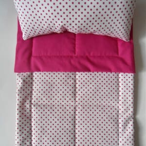 Handmade Doll Bedding Set: Red Polka Dot Comforter & Pillow
