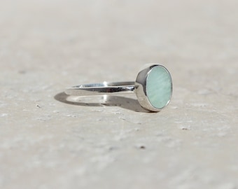 Ring set with an Amazonite in solid silver, green fine stone ring, mini oval set ring, small semi-precious stone ring