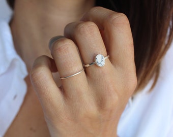 Howlite set ring in solid silver, fine stone ring, mini oval set ring, small semi precious stone ring