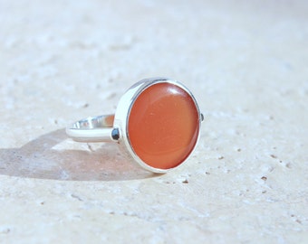 Round solid silver ring set with a carnelian, fine orange stone ring, large round set ring, semi precious stone ring