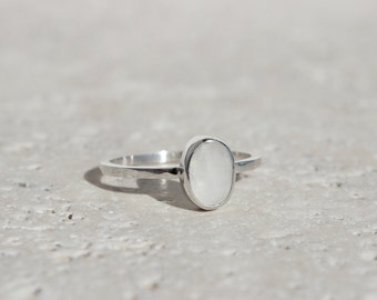 Moonstone set ring in solid silver, fine stone ring, mini oval set ring, small semi precious stone ring