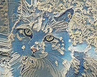 ACEO ATC Aria Persian Cat Blue Lace Style Art Card animal art    - gift idea for animal lovers - cheerful art for your home
