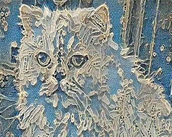 ACEO ATC Pompfrey Persian Cat Kitty blue lace style art card animal art    - gift idea for animal lovers - cheerful art for your home