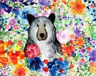 Blumenbär Kunstdruck - Geschenkidee für Tierliebhaber - fröhliche Kunst für Ihr Zuhause