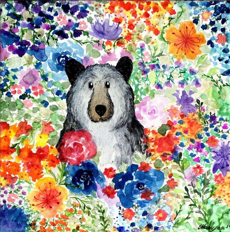 Flower Bear Art Print Gift Idea for Animal Lovers Cheerful Etsy