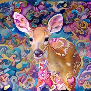 ACEO ATC Hirsch im Garten Hütte Tierkunst - Geschenkidee für Tierliebhaber - fröhliche Tierwelt Kunst für Ihr Zuhause