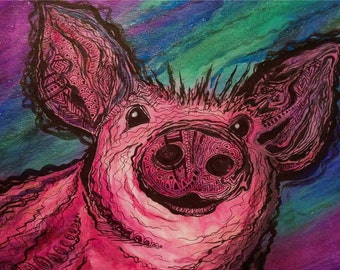 ACEO "Meteoroink" Cosmic Pig Piggy Cosmic Animals Series ATC animal art    - gift idea for animal lovers - cheerful art for your home