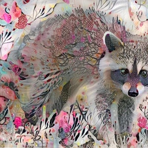 ACEO ATC Raccoon cottage animal art - cadeau idee voor dierenliefhebbers - vrolijke natuurkunst voor thuis
