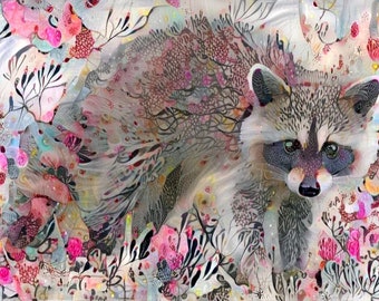ACEO ATC Raccoon cottage animal art    - gift idea for animal lovers - cheerful wildlife art for your home