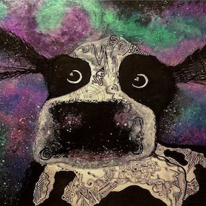 ACEO "Dark Side of the Moo" mucca cosmica Space Animals Series ATC arte animale - idea regalo per gli amanti degli animali - arte allegra per la vostra casa