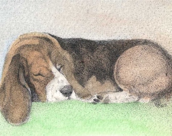 ACEO Sleepy hound beagle ATC animal art    - gift idea for animal lovers - cheerful art for your home