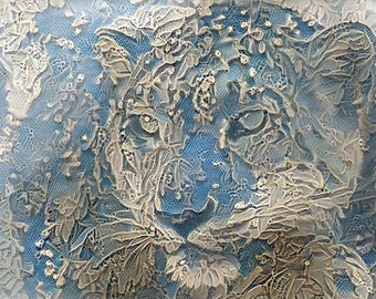 ACEO ATC Snow Leopard Blue Lace Style Art Card animal art    - gift idea for animal lovers - cheerful art for your home