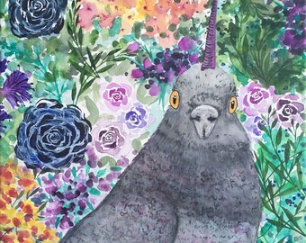 Unicorn Pigeon floral bird embellished artist proof (AP) - gift idea for nature lovers