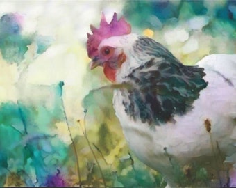 ACEO ATC Flower Farm - Charlotte Chicken digital watercolour animal art - gift idea for animal lovers - cheerful art for your home
