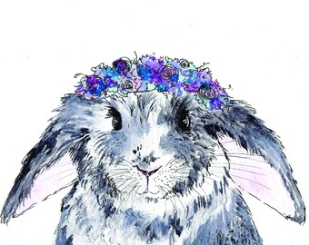 ATC ACEO Betsy - Flower Queen Bunnies Series Rabbit Art Card animal art    - gift idea for animal lovers - cheerful art for your home