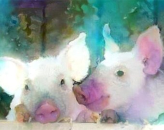 Flower Farm - Pansy and Petunia Piglets Art Print animal art for animal lovers  - gift idea for animal lovers - cheerful art for your home