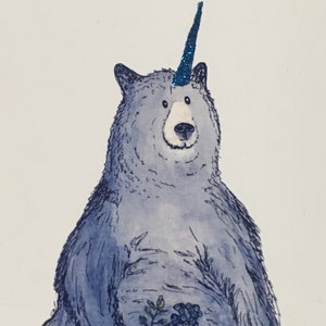 ACEO ATC Boris - Unicórnio Urso Negro - Arte animal da série Unconventional Unicorns