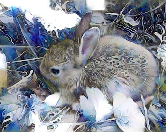 ACEO ATC Cottontail Bunny Rabbit in the garden animal art    - gift idea for animal lovers - cheerful art for your home