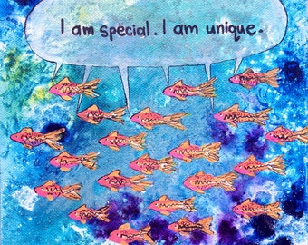 School of Fish Art Print "Ik ben speciaal. Ik ben uniek." - Underwater Angst serie