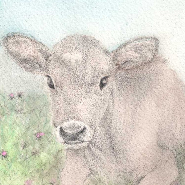 ACEO Over The Moon - New Life Calf ATC animal art    - gift idea for animal lovers - cheerful art for your home