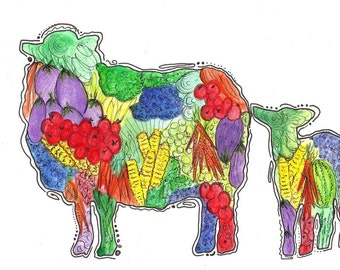 ACEO ATC Happy Veggie Sheep and Lamb art animal art    - gift idea for animal lovers - cheerful art for your home