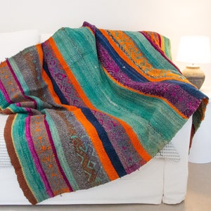 Manta Frazada Alfombra Tradicional Sudamericana Hecha a Mano Vintage de Perú, Manta Textil de Lana de Perú, Rosa, Naranja, Morado, Amarillo, Grande y Pesada