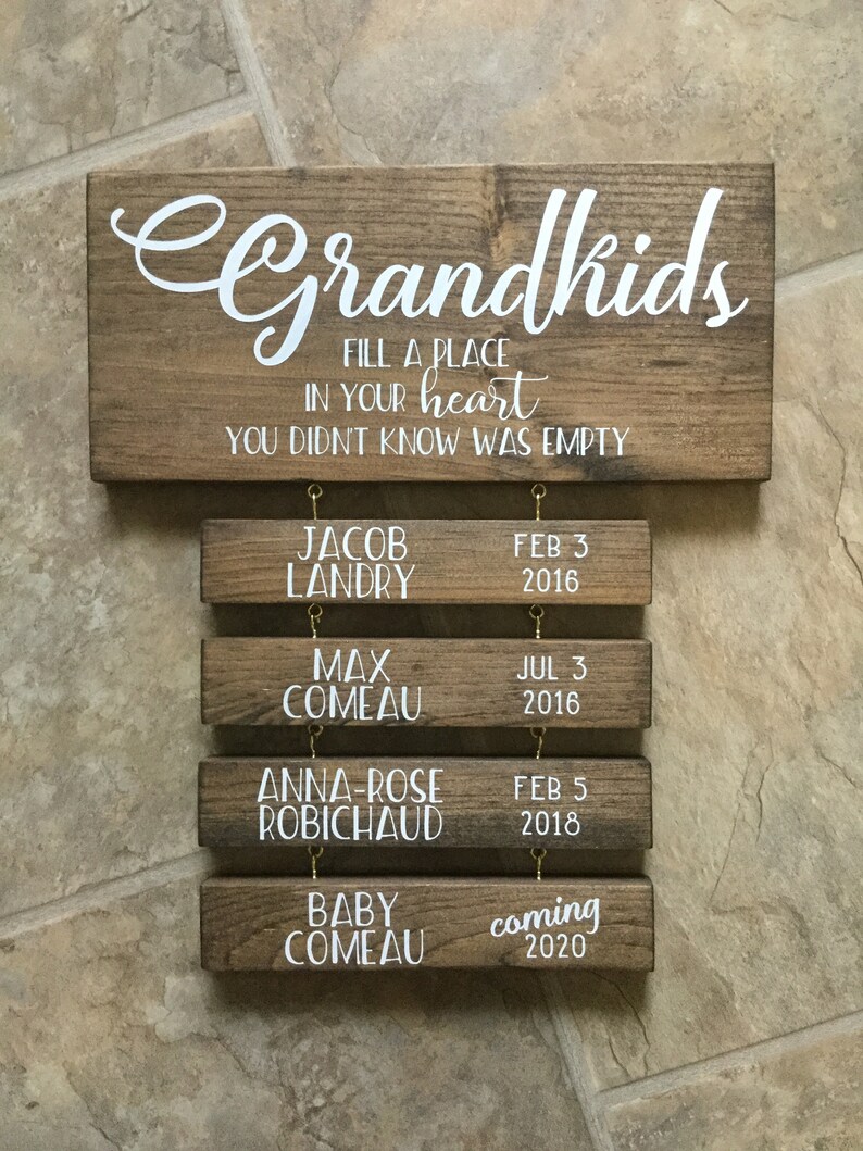 Painted wood grandkids sign w/ names and birth datesHand Etsy